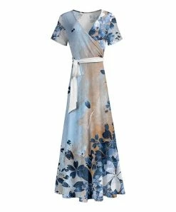 Lily | Blue & Brown Floral Wrap Maxi Dress - Plus