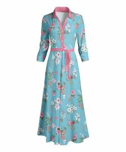 Lily | Aqua & Pink Floral Button-Front Collared Maxi Dress - Women
