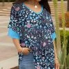 Lily | Navy & Aqua Floral Layered-Sleeve V-Neck Tunic - Women