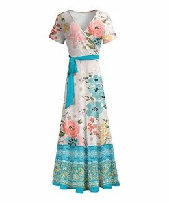Lily | Rose & Turquoise Tie-Waist Maxi Dress - Plus