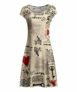 Lily | Ivory & Red 'Vintage' Newspaper Cap-Sleeve A-Line Dress - Women