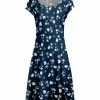 Lily | Navy & White Floral Cap-Sleeve A-Line Dress - Women