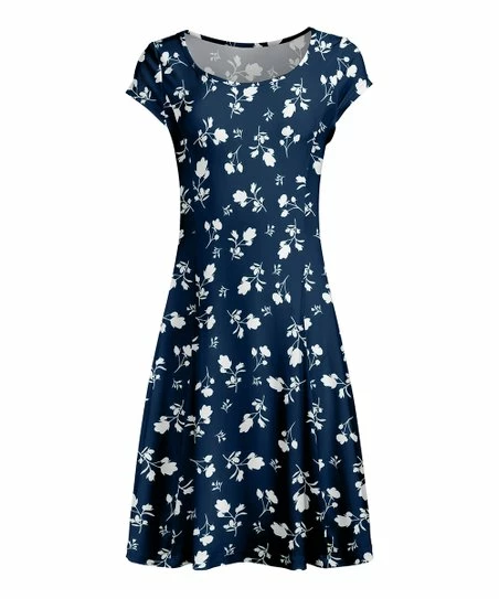 Lily | Navy & White Floral Cap-Sleeve A-Line Dress - Women 1 Lily | Navy & White Floral Cap-Sleeve A-Line Dress - Women