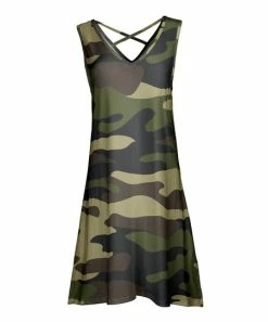 Lily | Green Camo Crisscross V-Neck Sleeveless A-Line Dress - Plus