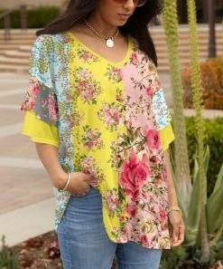 Lily | Yellow & Pink Floral Color Block Tiered-Sleeve V-Neck Tunic - Women & Plus