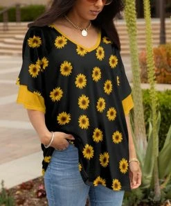 Lily | Black & Gold Floral Tiered-Sleeve V-Neck Tunic - Plus
