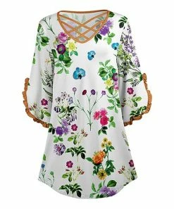 Lily | White & Green Floral Cross-Strap Neck Ruffle-Sleeve Tunic - Women