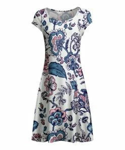 Lily | Blue & White Floral Cap-Sleeve A-Line Dress - Women