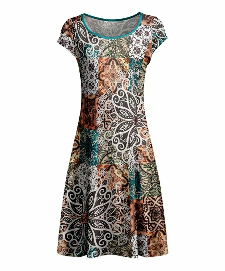 Lily | Orange & Turquoise Floral Cap-Sleeve A-Line Dress - Plus 1 Lily | Orange & Turquoise Floral Cap-Sleeve A-Line Dress - Plus