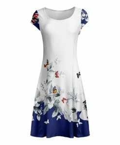 Lily | White & Blue Butterfly Cap-Sleeve A-Line Dress - Women