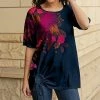 Lily | Navy & Pink Floral Cutout-Accent Half-Sleeve Tunic - Plus