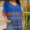 Lily | Blue & Rust Geometric Half-Sleeve V-Neck Tunic - Plus