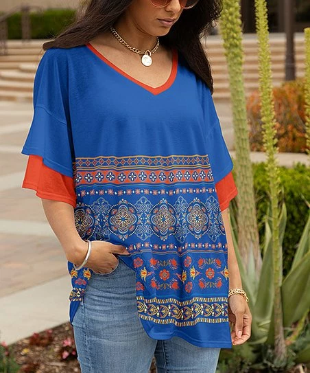 Lily | Blue & Rust Geometric Half-Sleeve V-Neck Tunic - Plus 1 Lily | Blue & Rust Geometric Half-Sleeve V-Neck Tunic - Plus