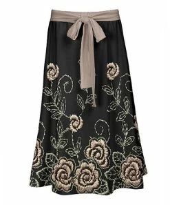 Lily | Black & Beige Floral Tie-Waist Midi Skirt - Women