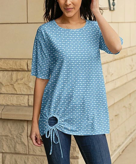 Lily | Blue & White Geometric Cutout-Accent Half-Sleeve Tunic - Plus 1 Lily | Blue & White Geometric Cutout-Accent Half-Sleeve Tunic - Plus