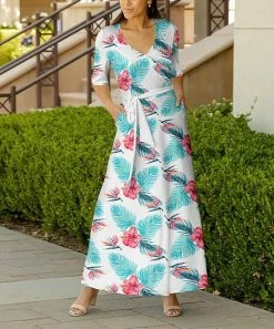 Lily | White & Aqua Floral Pocket Tie-Waist V-Neck Maxi Dress - Women