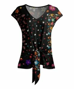Lily | Black & Red Floral Front-Tie V-Neck Top - Plus