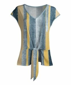 Lily | Navy & Yellow Stripe Front-Tie V-Neck Top - Plus