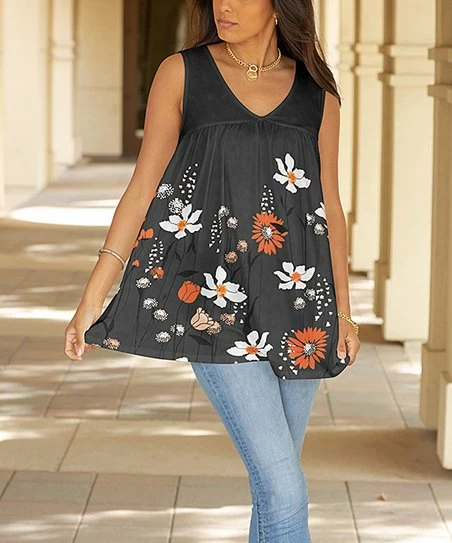 Lily | Gray & Orange Floral Sleeveless V-Neck Tunic - Women 1 Lily | Gray & Orange Floral Sleeveless V-Neck Tunic - Women