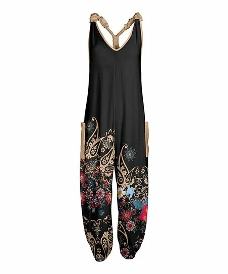 Lily | Black & Beige Paisley Floral Pocket Racerback Jumpsuit - Plus 1 Lily | Black & Beige Paisley Floral Pocket Racerback Jumpsuit - Plus