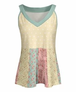 Lily | Yellow & Mint Polka Dot & Floral Patchwork V-Neck Tank - Plus