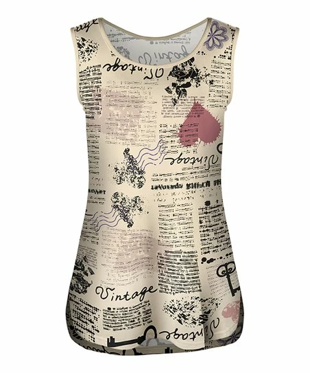 Lily | Beige & Pink 'Vintage' Newspaper Curved-Hem Tank - Plus 1 Lily | Beige & Pink 'Vintage' Newspaper Curved-Hem Tank - Plus
