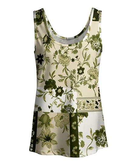 Lily | Beige & Olive Floral Patchwork Scoop Neck Tank - Plus 1 Lily | Beige & Olive Floral Patchwork Scoop Neck Tank - Plus