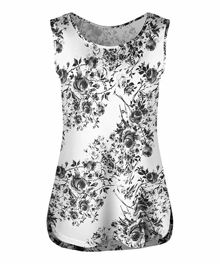 Lily | White & Gray Floral Curved-Hem Tank - Women 1 Lily | White & Gray Floral Curved-Hem Tank - Women