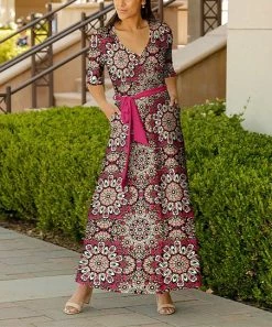 Lily | Pink & Orange Geometric Tie-Waist V-Neck Maxi Dress - Women & Plus