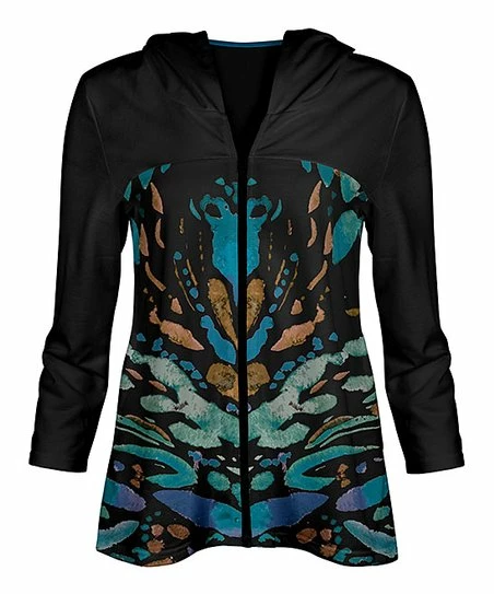 Lily | Black & Teal Geometric Zip-Up Hoodie - Plus 1 Lily | Black & Teal Geometric Zip-Up Hoodie - Plus
