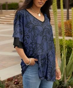 Lily | Black & Blue Floral Ruffle-Sleeve V-Neck Tunic - Women