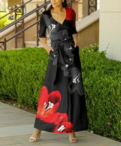 Lily | Black & Red Floral Pocket Tie-Waist V-Neck Maxi Dress - Plus