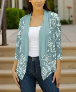 Lily | Teal & White Arabesque Open Blazer - Plus
