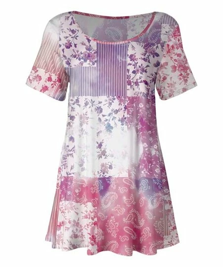 Lily | Pink & Lavender Floral Patchwork Short-Sleeve Tunic - Plus 1 Lily | Pink & Lavender Floral Patchwork Short-Sleeve Tunic - Plus
