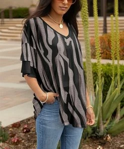 Lily | Black & Gray Abstract Layered Ruffle-Sleeve V-Neck Tunic - Women