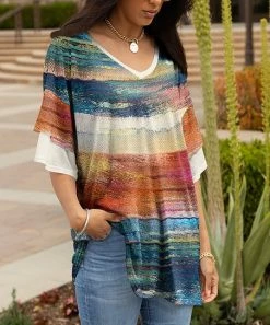 Lily | Rust & Blue Watercolor Layered-Sleeve V-Neck Tunic - Plus