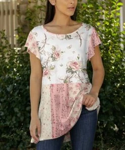 Lily | White & Pink Floral Patchwork Flutter-Sleeve Tunic - Women & Plus