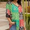 Lily | Green & Orange Floral Patchwork Ruffle-Sleeve V-Neck Tunic - Plus