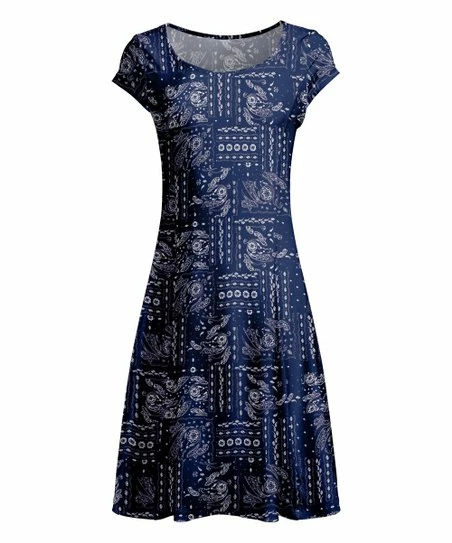 Lily | Navy & White Paisley A-Line Cap-Sleeve Dress - Women 1 Lily | Navy & White Paisley A-Line Cap-Sleeve Dress - Women