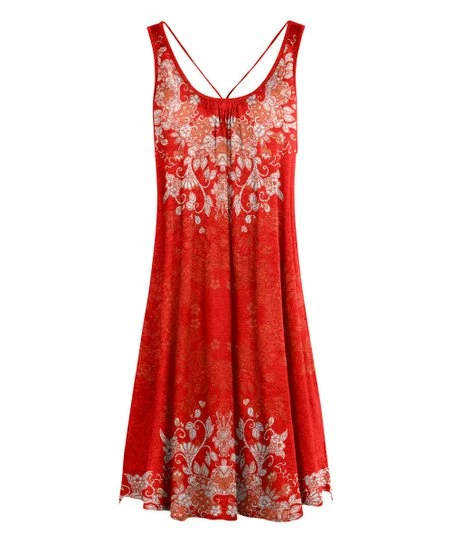 Lily | Red & White Floral Crisscross-Back Sleeveless Dress - Women 1 Lily | Red & White Floral Crisscross-Back Sleeveless Dress - Women