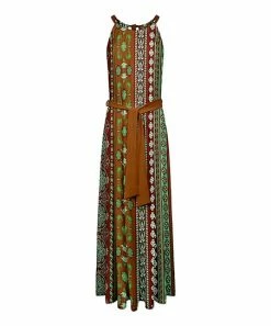 Lily | Brown & Green Fair Isle Belted Sleeveless Maxi Dress - Women