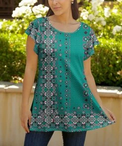 Lily | Turquoise & Black Geometric Flutter-Sleeve Tunic - Plus