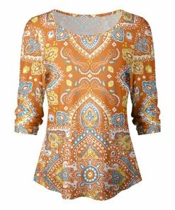 Lily | Orange Arabesque Boatneck Top - Women