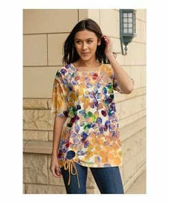 Lily | Yellow & Purple Foliage Drawstring-Hem Short-Sleeve Tunic - Women