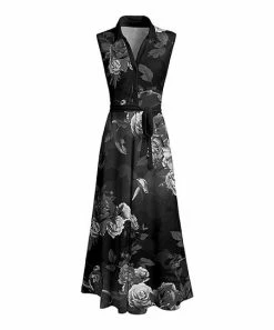 Lily | Black & Gray Rose Tie-Waist Sleeveless Shirt Maxi Dress - Plus