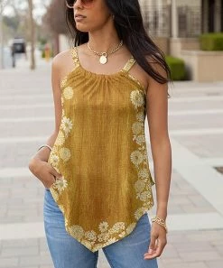Lily | Gold & Cream Floral Pointed-Hem Sleeveless Tunic - Women
