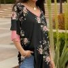 Lily | Black & Pink Floral V-Neck Flutter-Sleeve Tunic - Women