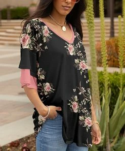 Lily | Black & Pink Floral V-Neck Flutter-Sleeve Tunic - Women