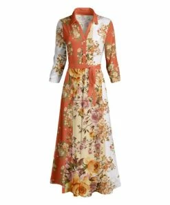Lily | Coral & Cream Floral Tie-Waist Maxi Shirt Dress - Plus