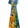 Lily | Blue & Gold Leaf Tie-Waist Surplice Maxi Dress - Plus